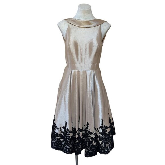 Mac Duggal Formal Dress Tea Length Champagne Taffeta Black Lace Trim Fit & Flare - Picture 1 of 16
